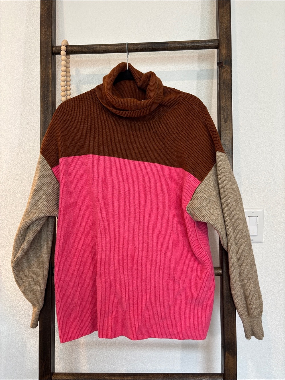 🤎Free People Colorblock Cowl Turtleneck Sweater - Pink, Brown & Taupe